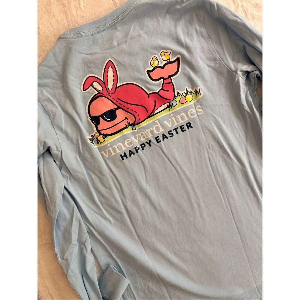Vineyard Vines Happy Easter Long Sleeve Pocket T-Shirt Bunny Whale Logo Blue Siz